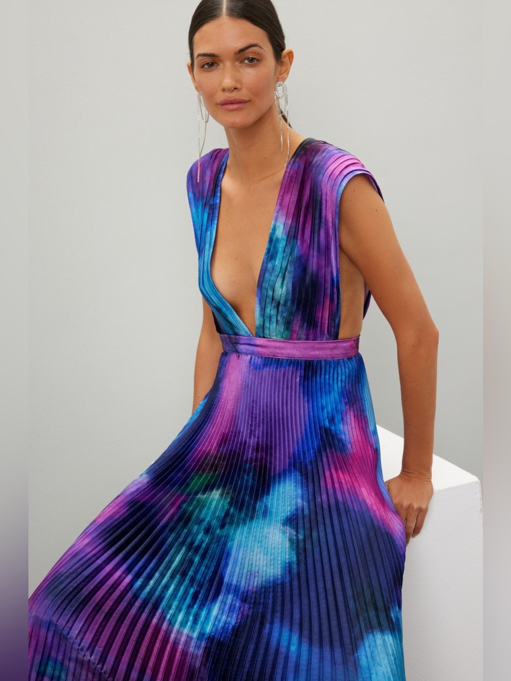 L’idee Deep V Pleated Evening Dress Blue Prple Printed Gala Gown Size UK 10 US 6 - Picture 4 of 11